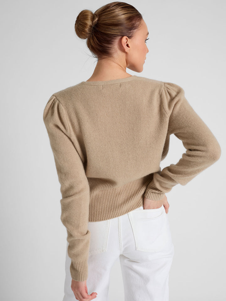 Cashmere cardigan puff sleeves, long sleeves, 100% pure cashmere, Scandinavian design, color: Sand.