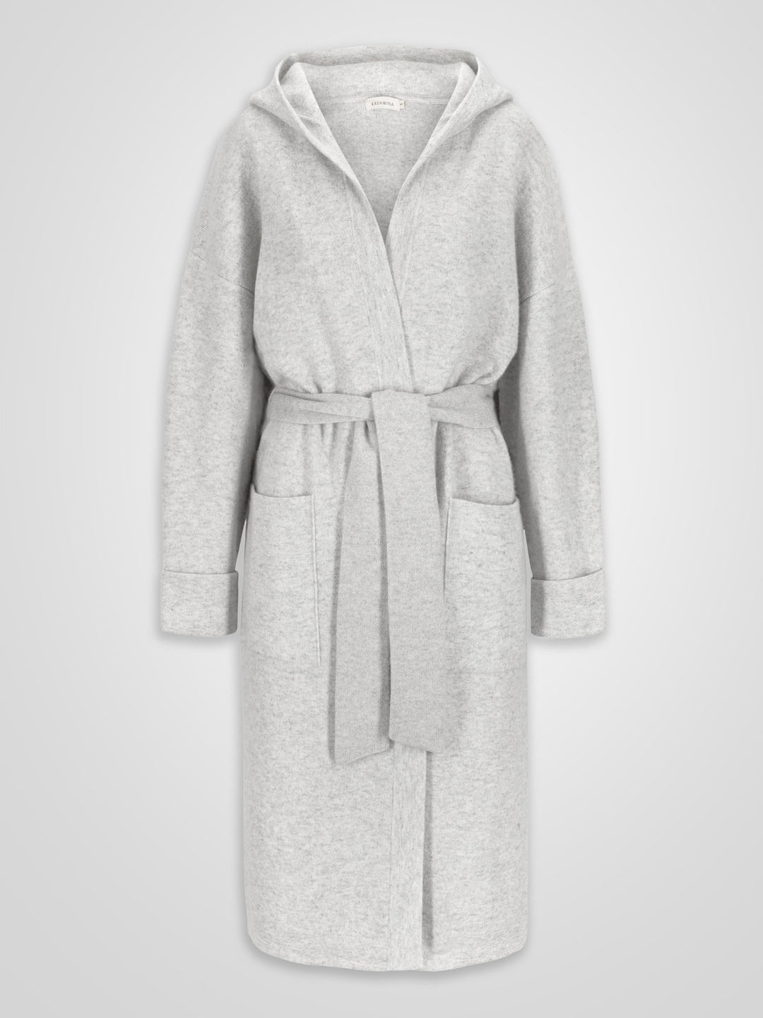 cashmere coat with hood, from Kashmina. 100% cashmere, light grey