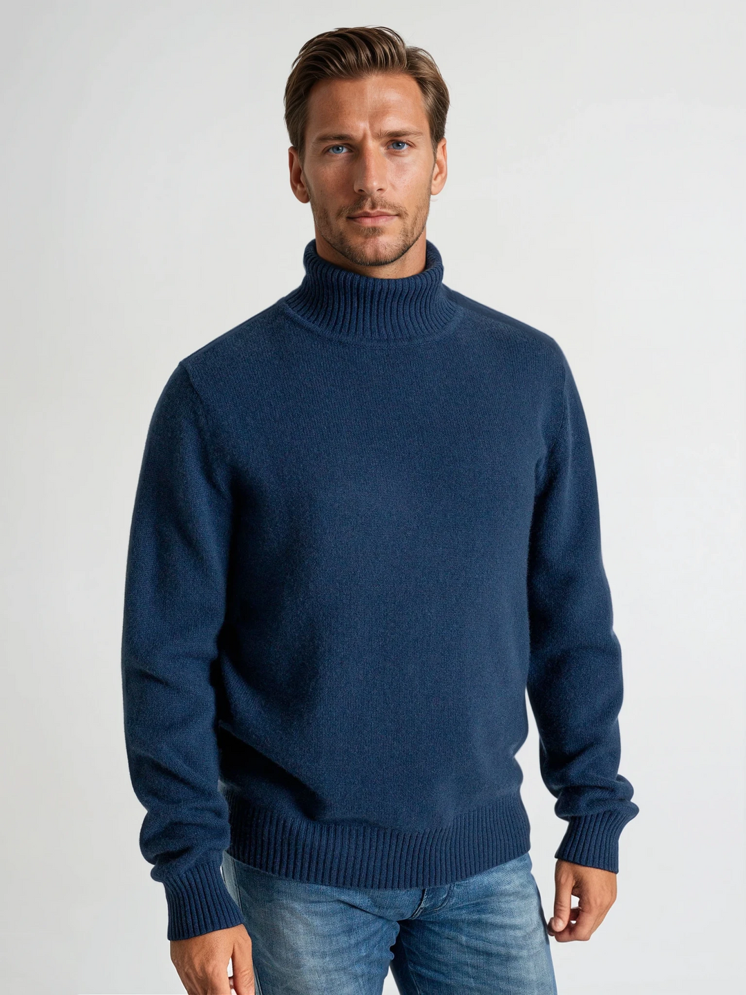 Turtle neck cashmere sweater. 100% cashmere. Scandinavian design. Color: Mountain blue.