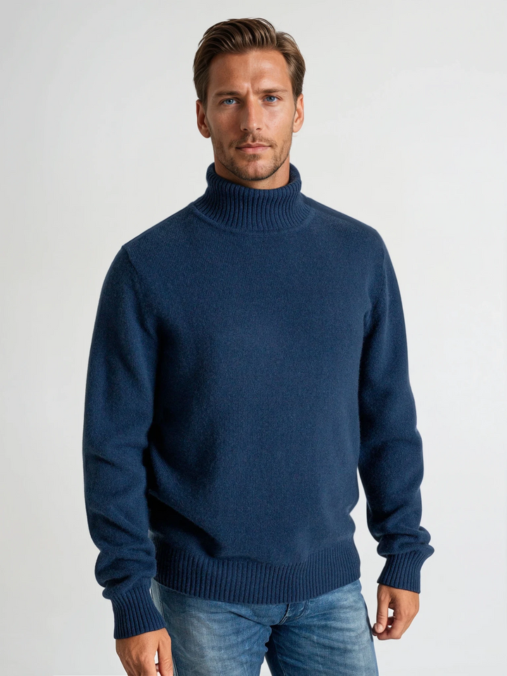 Turtle neck cashmere sweater. 100% cashmere. Scandinavian design. Color: Mountain blue.