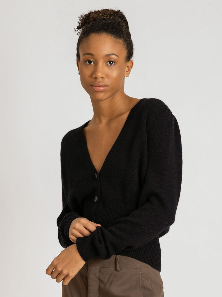 Cashmere cardigan puff sleeves, long sleeves, 100% pure cashmere, black