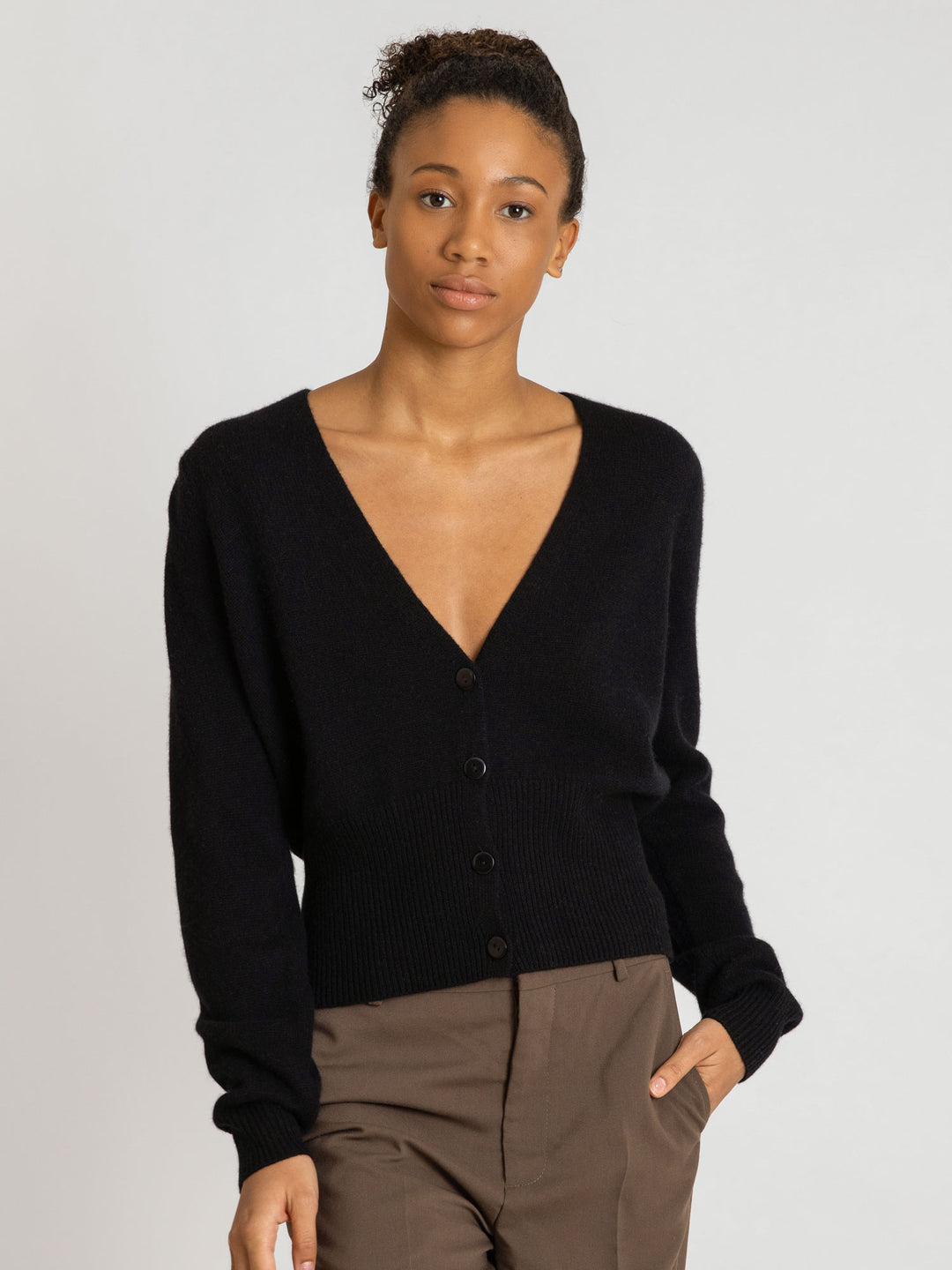  Cashmere cardigan puff sleeves, long sleeves, 100% pure cashmere, black