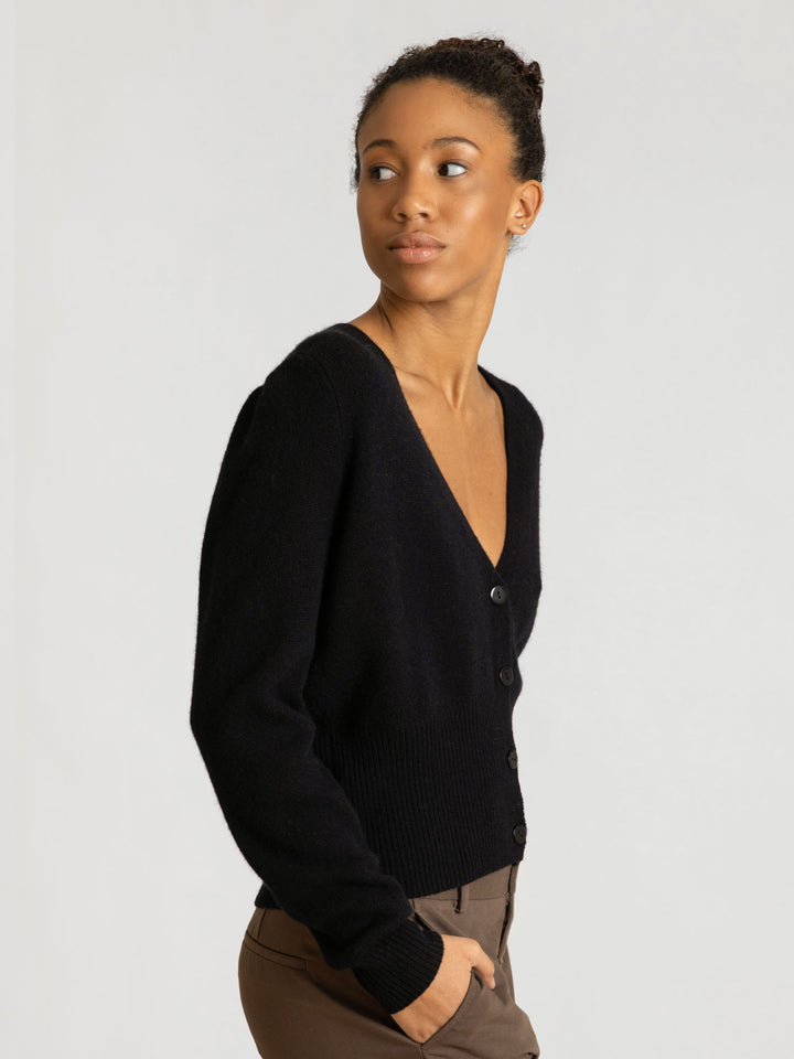  Cashmere cardigan puff sleeves, long sleeves, 100% pure cashmere, black