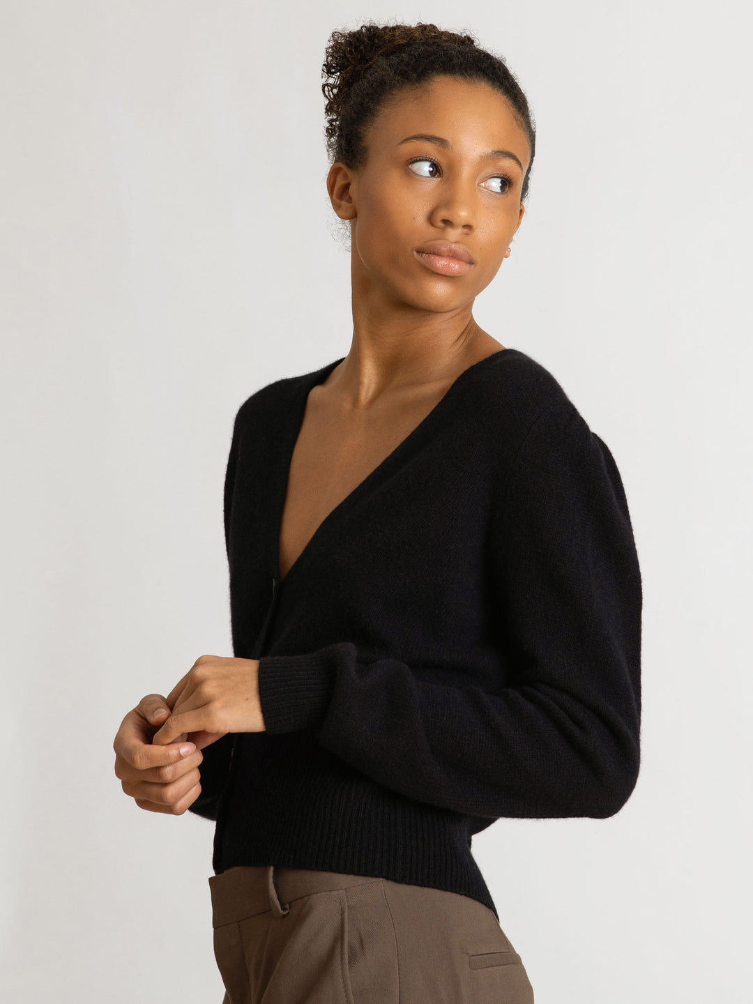  Cashmere cardigan puff sleeves, long sleeves, 100% pure cashmere, black