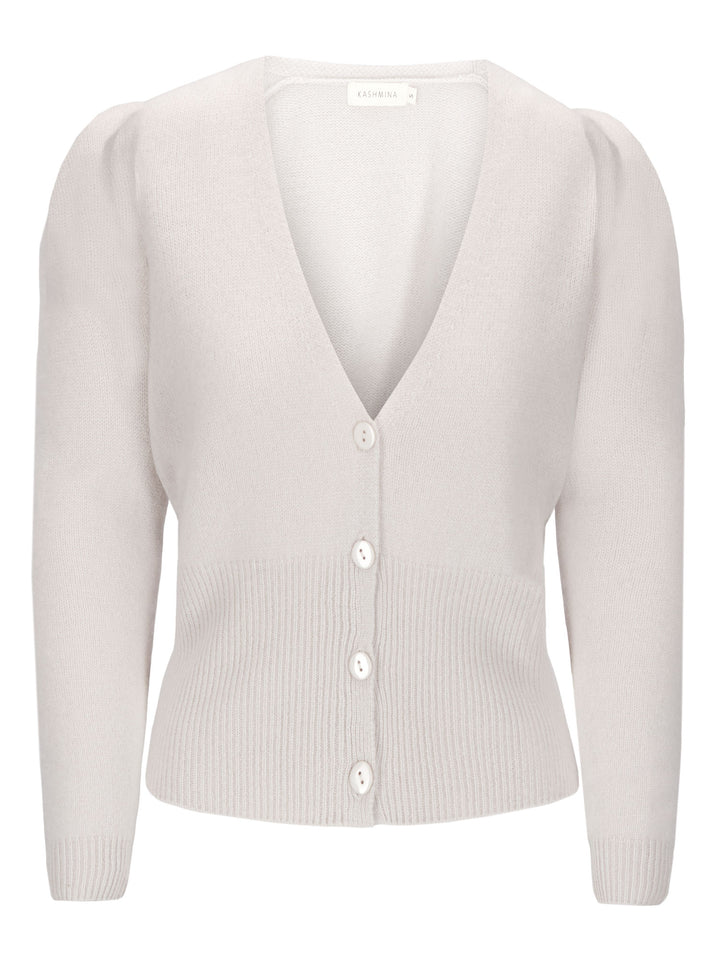 Cashmere cardigan puff sleeves, long sleeves, 100% pure cashmere, Scandinavian design, color: Cold Creme.