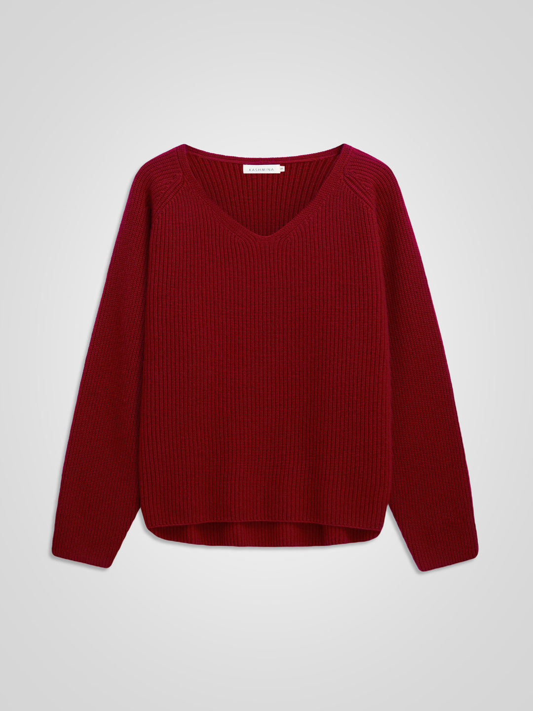 Rib knitted V-neck cashmere sweater in color: Aroma Red. 100% cashmere, Scandinavian design by Kashmina.