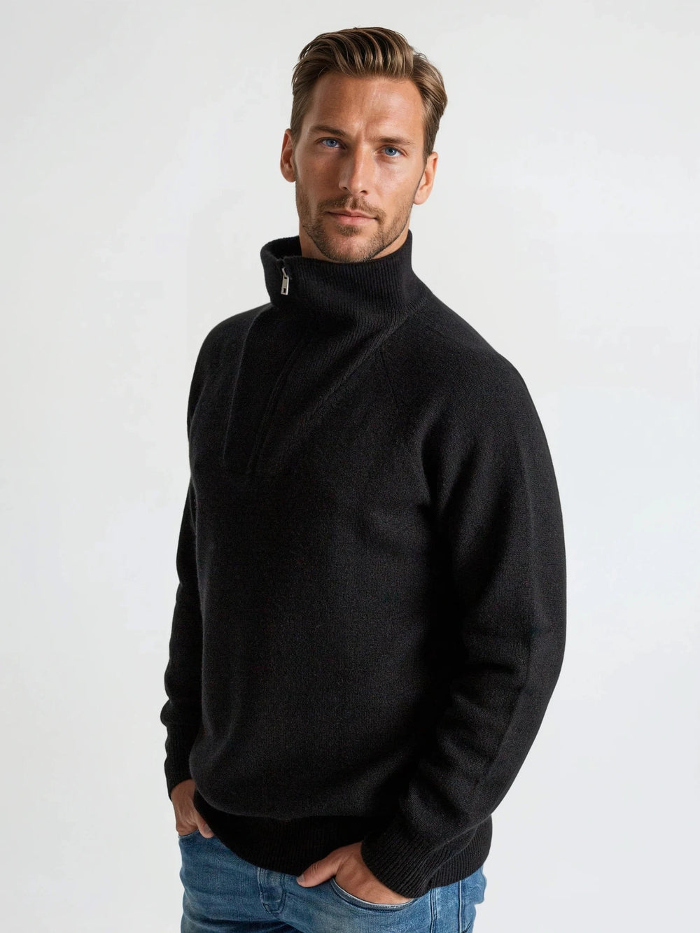 Mens cashmere sweater "frost" 100% cashmere from Kashmina. Color: Black