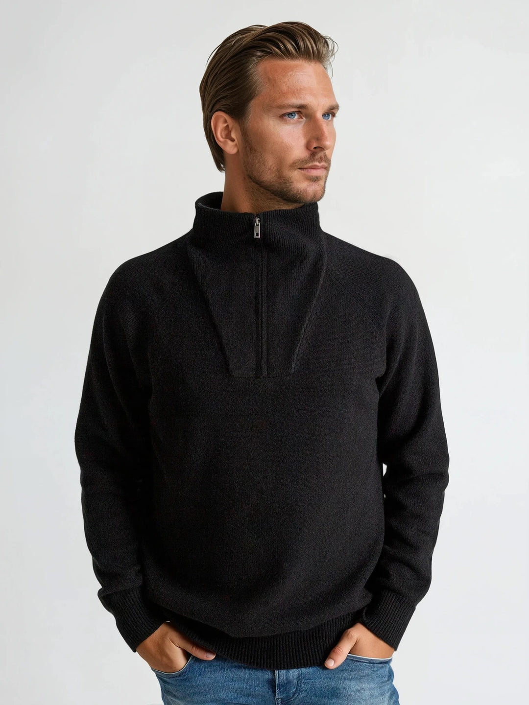 Mens cashmere sweater "frost" 100% cashmere from Kashmina. Color: Black