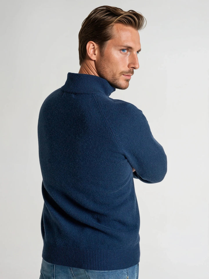 Mens cashmere zip-neck sweater "frost" 100% pure cashmere.Scandinavian design by Kashmina. Color: Mountain Blue.