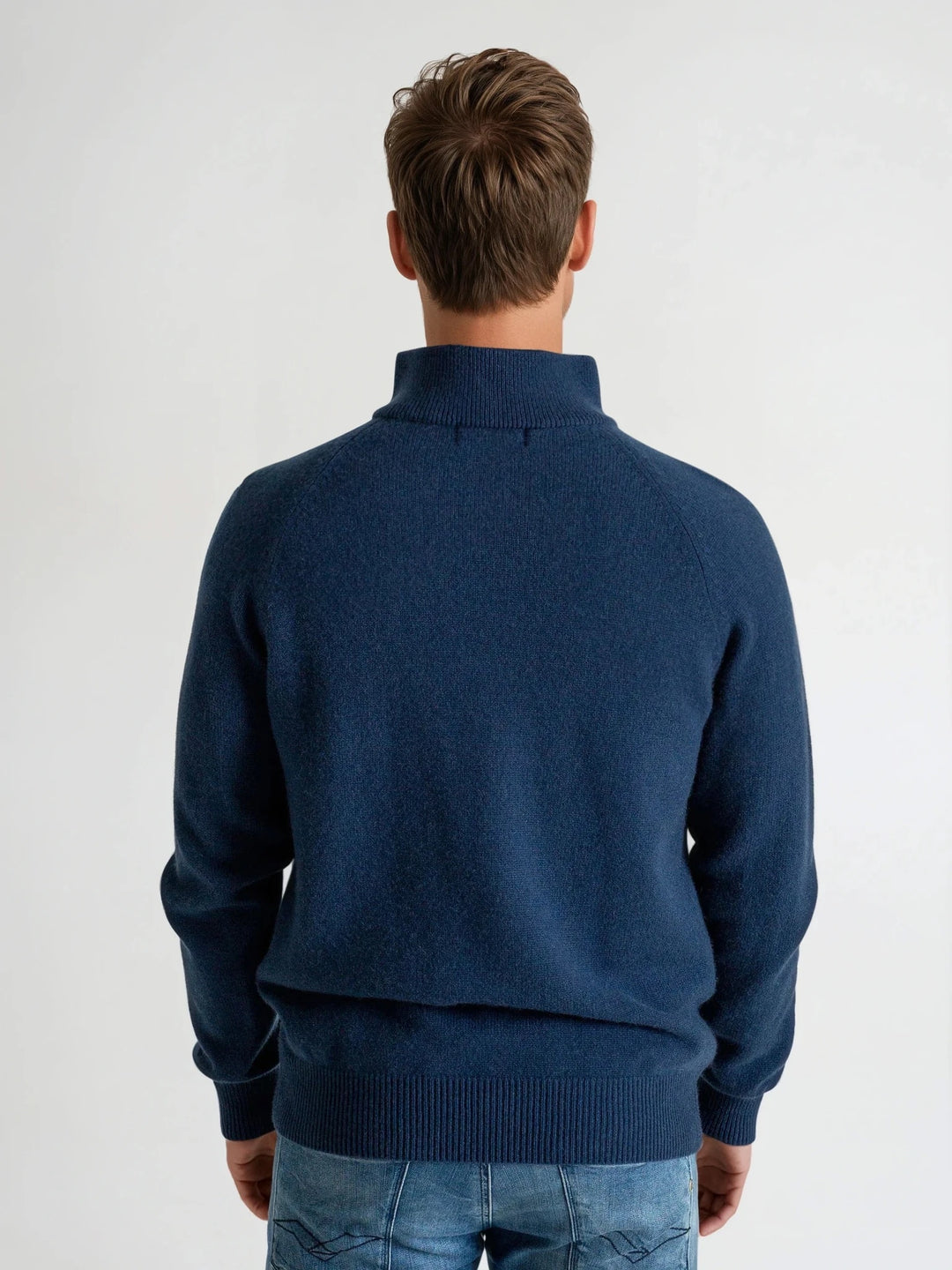 Mens cashmere zip-neck sweater "frost" 100% pure cashmere.Scandinavian design by Kashmina. Color: Mountain Blue.