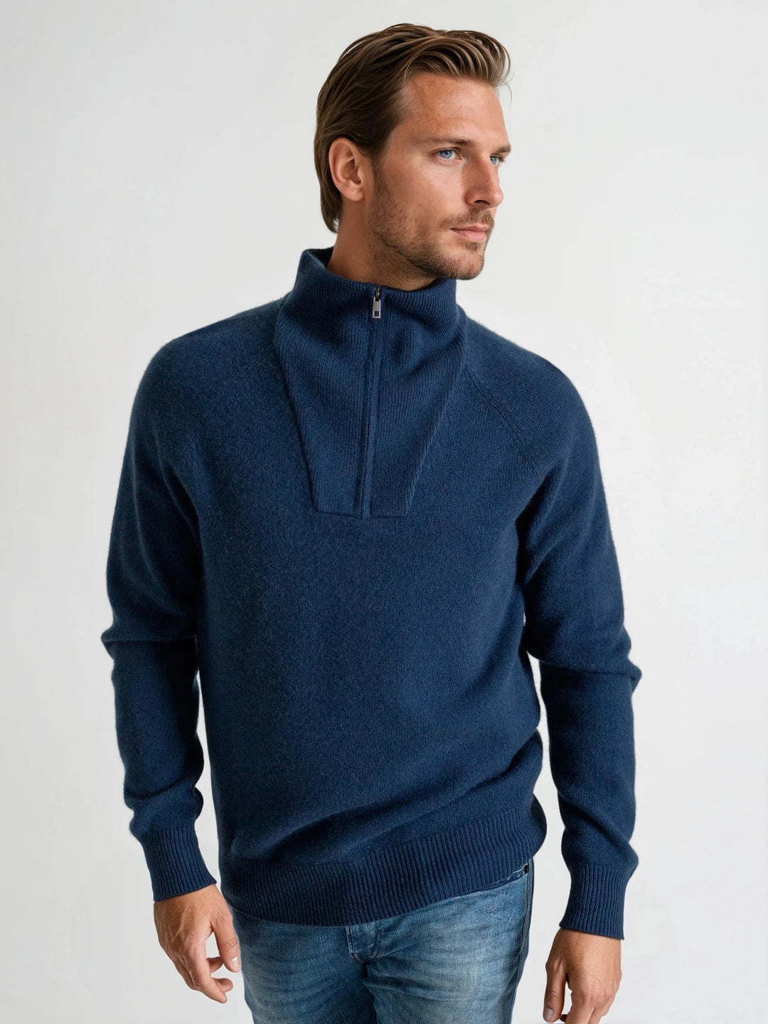 Mens cashmere zip-neck sweater "frost" 100% pure cashmere.Scandinavian design by Kashmina. Color: Mountain Blue.