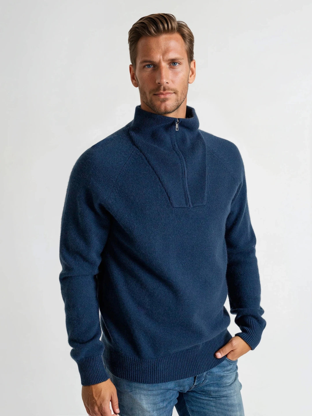 Mens cashmere zip-neck sweater "frost" 100% pure cashmere.Scandinavian design by Kashmina. Color: Mountain Blue.
