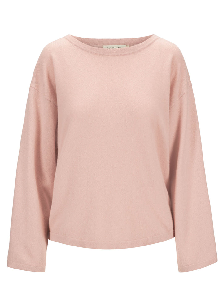 Wide neck cashmere sweater, in 100% pure cashmere. Scandinavian design by Kashmina. Color: rose glow.