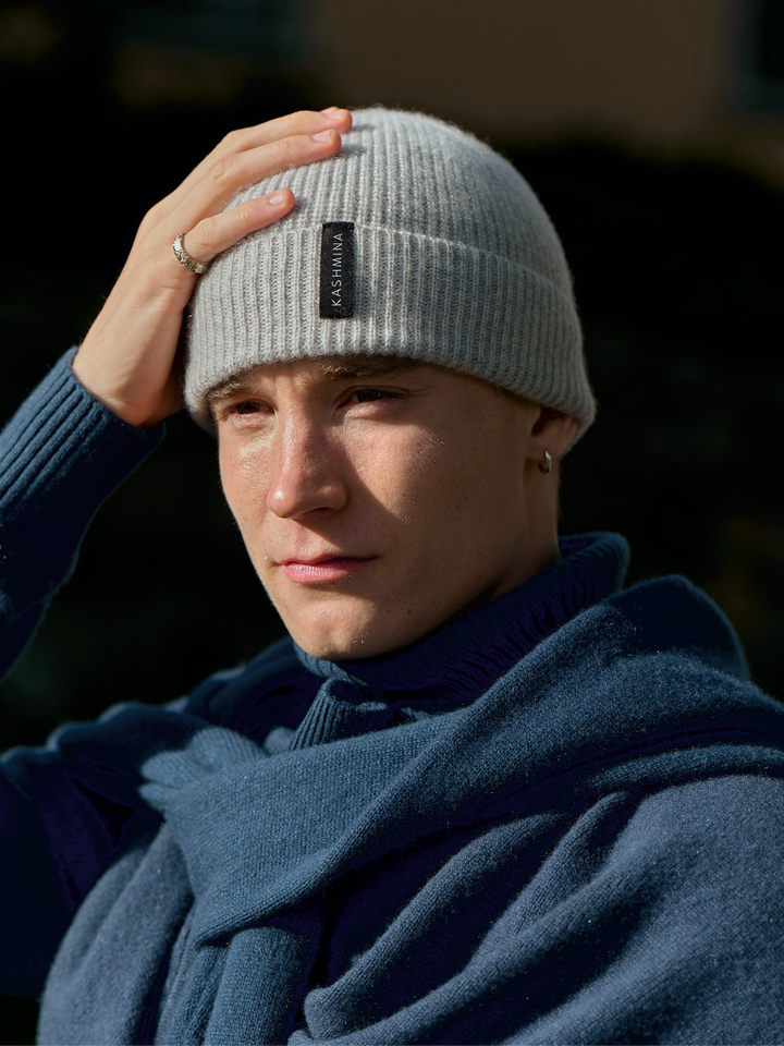 Cashmere beanie men "Brage" - light grey