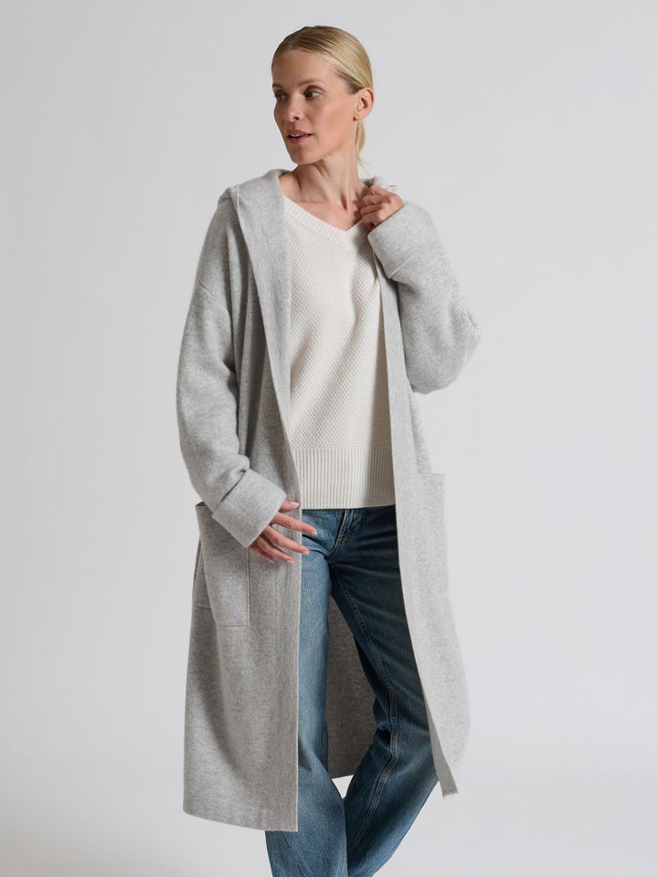cashmere coat "Nora" with hood, from Kashmina. 100% cashmere, light grey