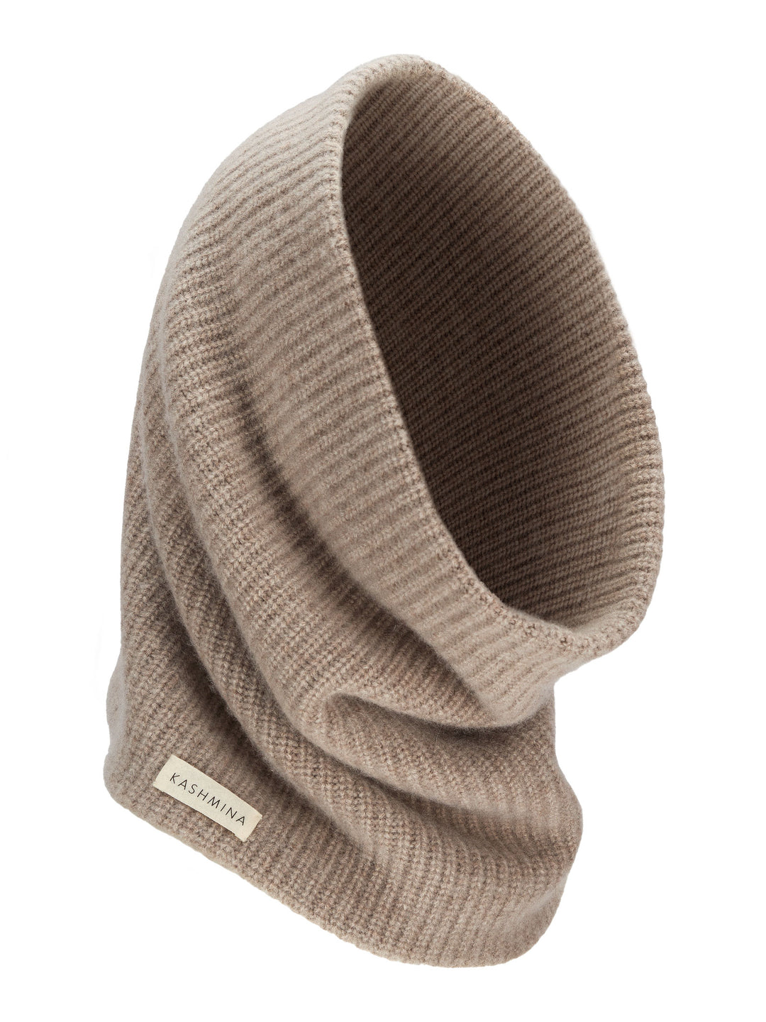 Rib knitted cashmere snood / scarf "Erika" in 100% pure cashmere. Scandinavian design by Kashmina. Color: Toast.