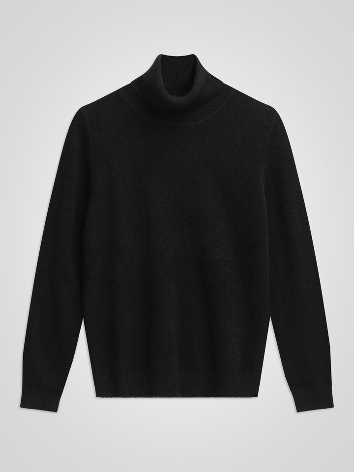 Turtleneck cashmere sweater, black color. 100% pure cashmere. Scandinavian design by KASHMINA of Norway.