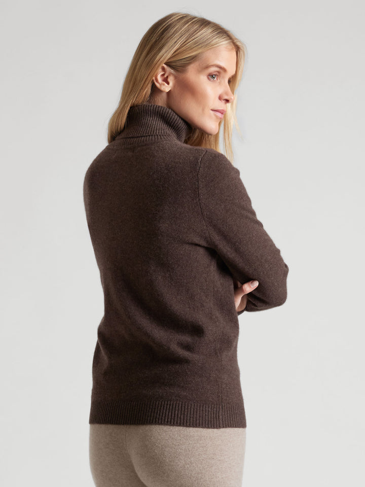 Turtleneck cashmere sweater, Dark Brown color. 100% pure cashmere. Scandinavian design by KASHMINA of Norway.