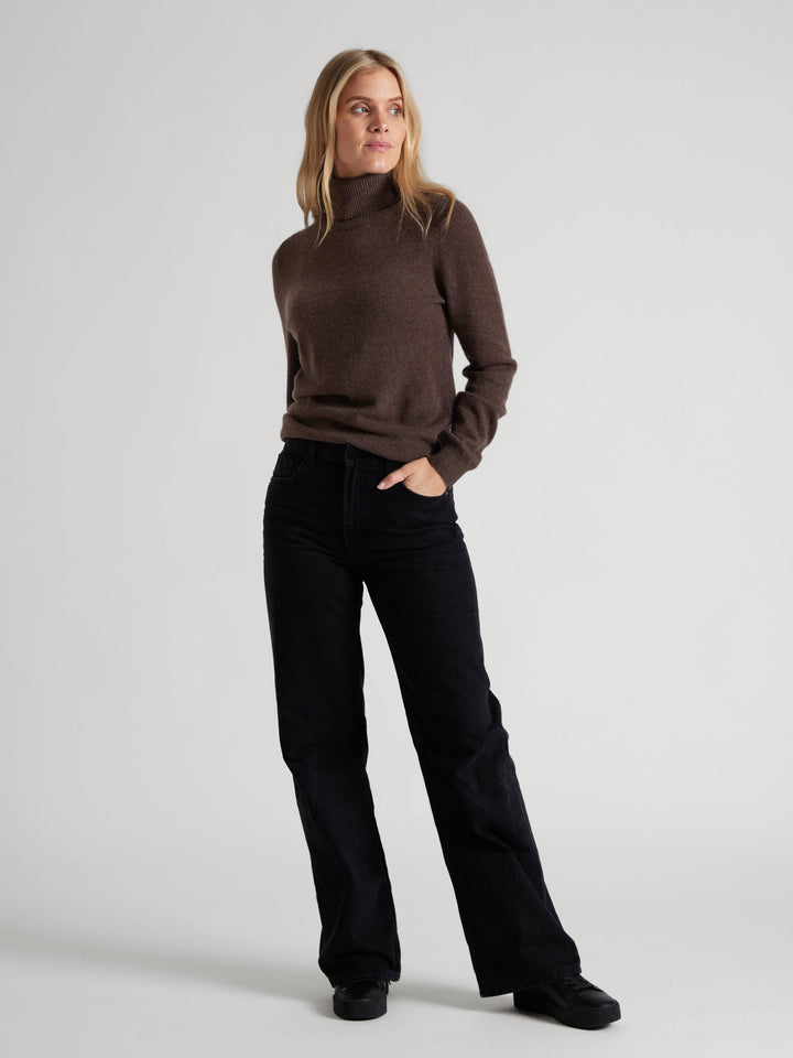 Turtleneck cashmere sweater, Dark Brown color. 100% pure cashmere. Scandinavian design by KASHMINA of Norway.