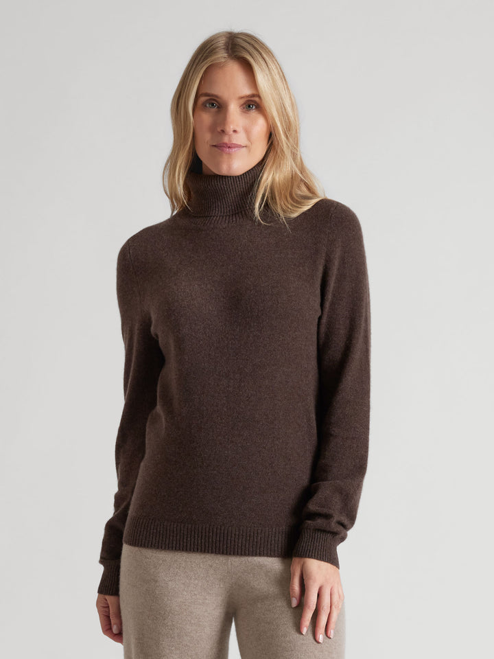 Turtleneck cashmere sweater, Dark Brown color. 100% pure cashmere. Scandinavian design by KASHMINA of Norway.