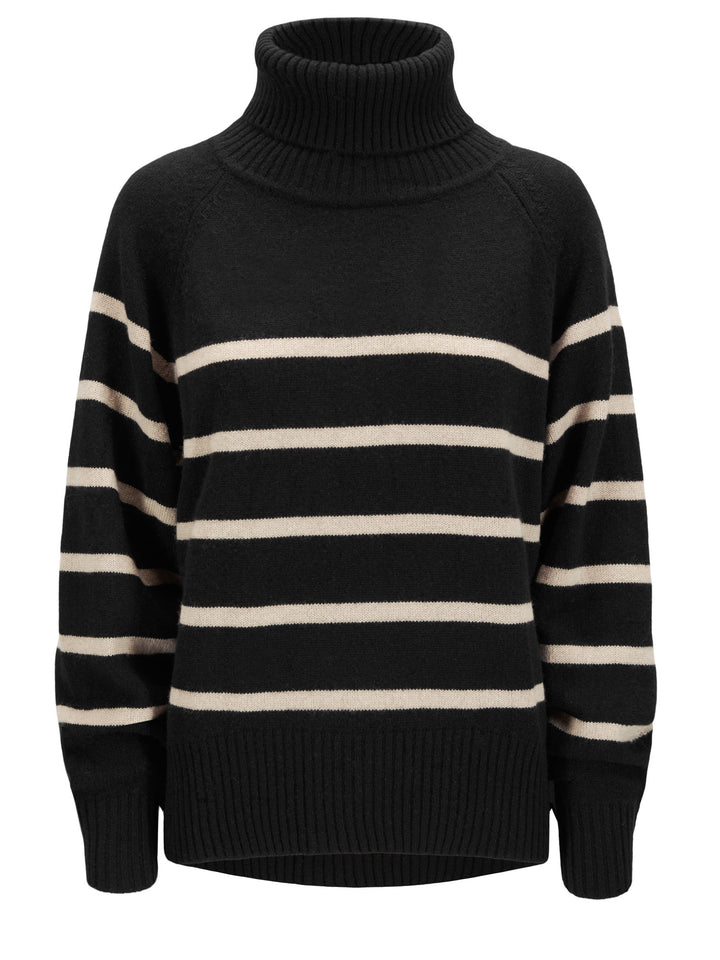 Turtleneck cashmere sweater with stripes. 100% pure cashmere. Scandinavian design by Kashmina. Color: Black, ginger.