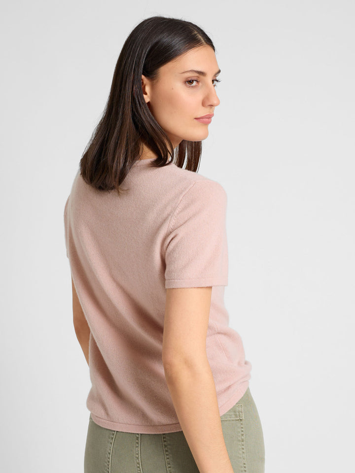 cashmere t-shirt tee shirt sustainable fashion luxury quality norwegian design. Color: Rose Glow.