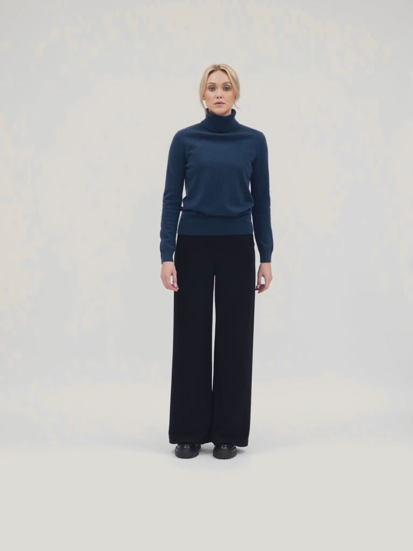 Turtleneck cashmere sweater, mountain blue color. 100% pure cashmere. Scandinavian design by KASHMINA of Norway.