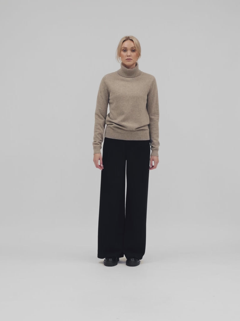 Turtleneck cashmere sweater, toast (light brown) color. 100% pure cashmere. Scandinavian design by KASHMINA of Norway.