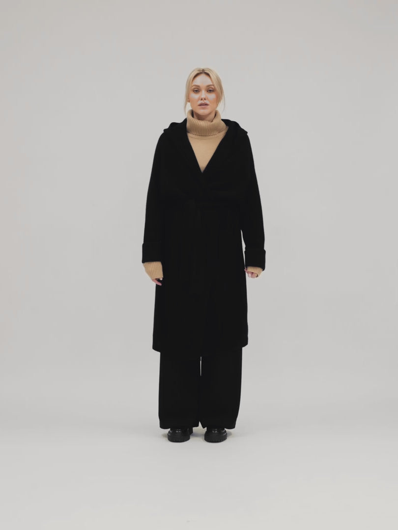 cashmere coat "Nora" with hood, from Kashmina. 100% cashmere, black