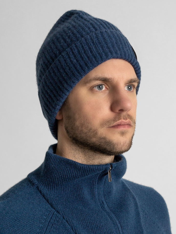 Cashmere hat for men, Kashmina, 100% pure cashmere, Top love mountain blue
