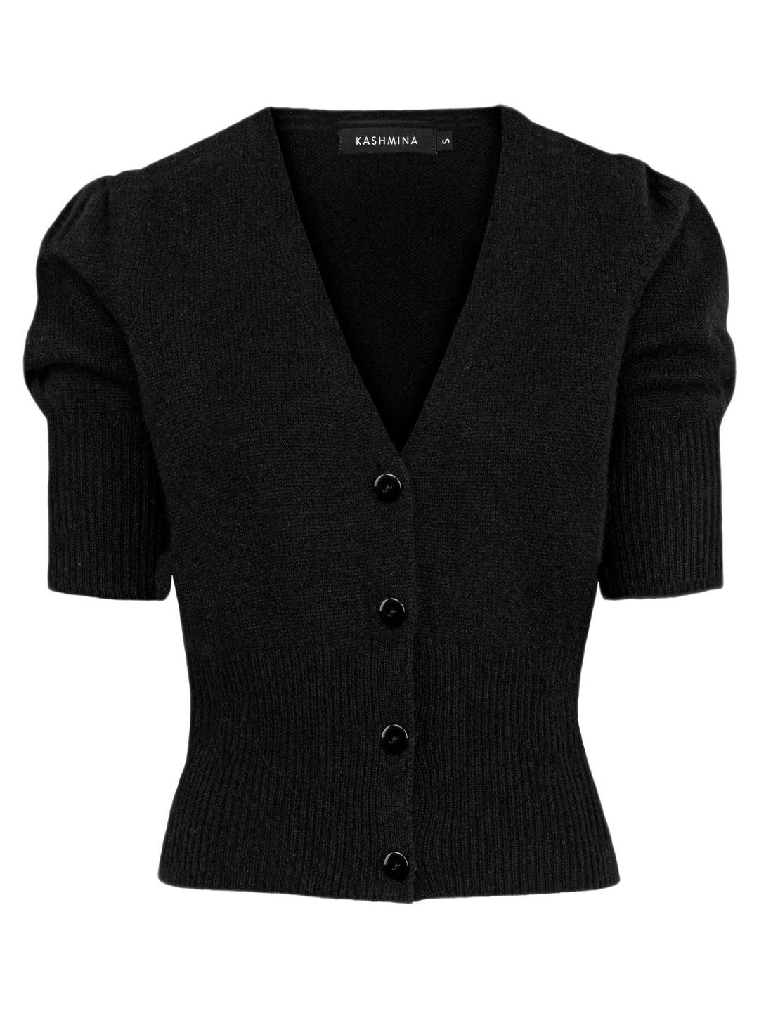 Short sleeved. cashmere cardigan grace in 100% pure cashmere by Kashmina. Scandinavian design. Color: Black