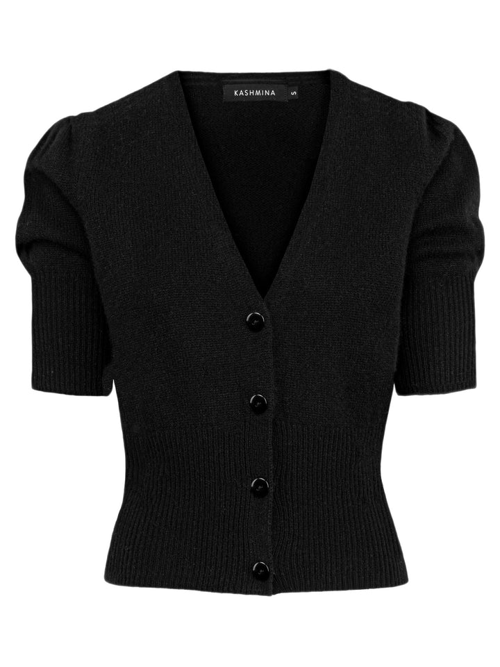 Short sleeved. cashmere cardigan grace in 100% pure cashmere by Kashmina. Scandinavian design. Color: Black