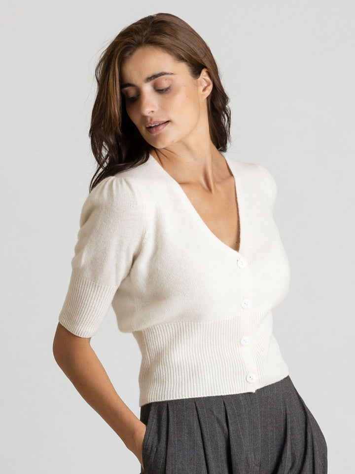 Cashmere cardigan, 100% pure cashmere, short sleeved, puff, sleeved, grace, white