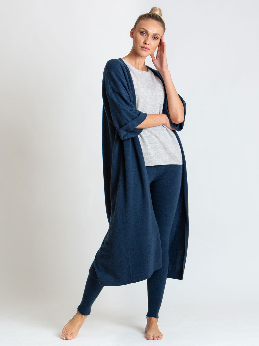 cashmere cardigan from Kashmina, 100% pure cashmere, Norwegian design, kaftan, long cardigan, mountain blue
