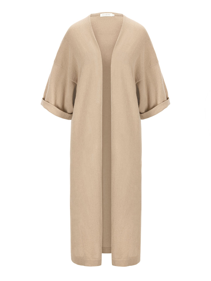 cashmere cardigan from Kashmina, 100% pure cashmere, Norwegian design, kaftan, long cardigan, sand