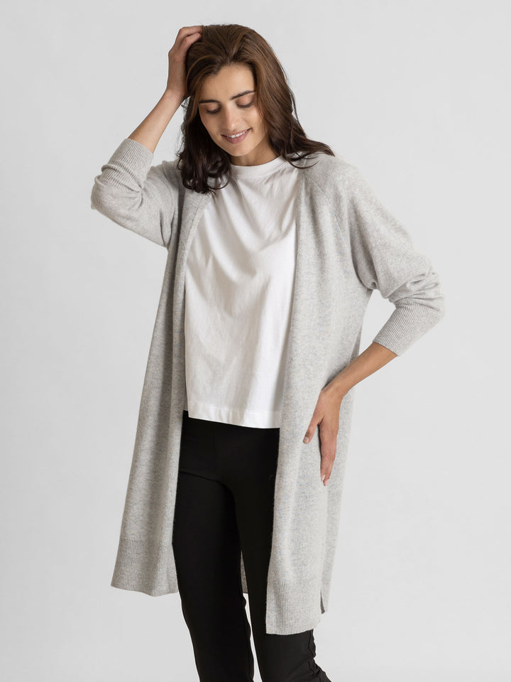 Cashmere cardigan, long, 100% pure cashmere, light, flow knee, light grey