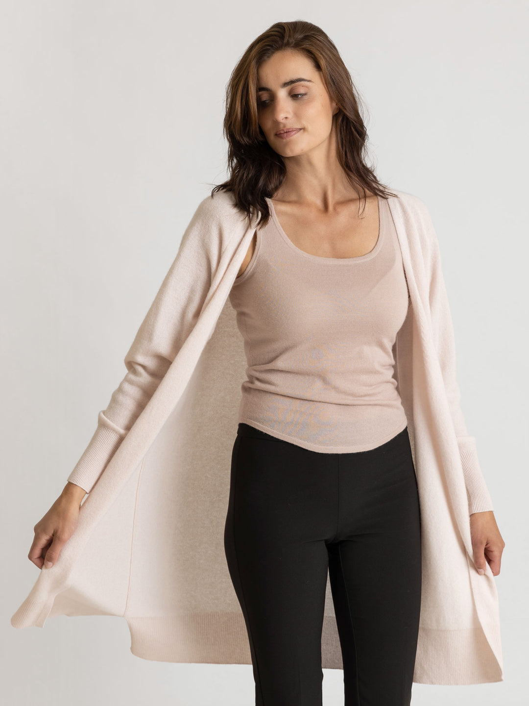 Cashmere cardigan 100% pure cashmere, natural, light, flow knee, long, pearl color