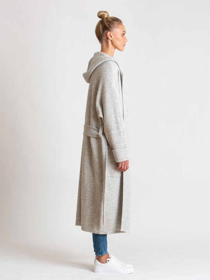 cashmere coat with hood, from Kashmina. 100% cashmere, light grey