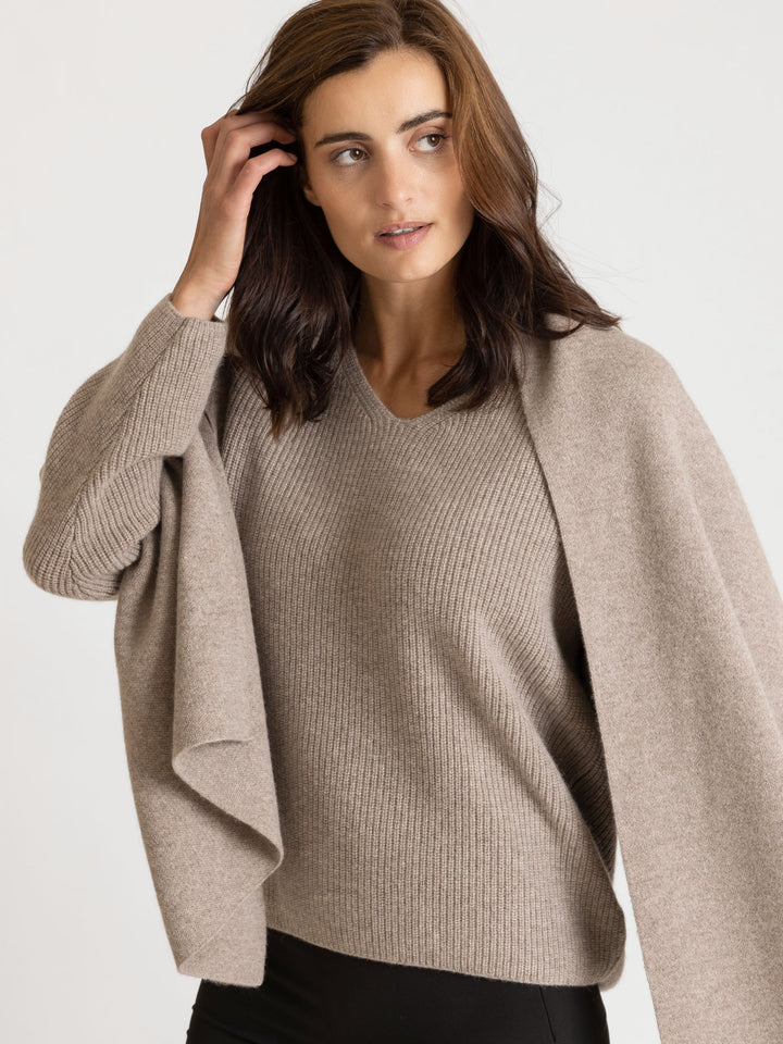 Cashmere sweater, long sleeved, rib knit, 100% pure cashmere, non itching, supersoft, warm, toast, brown
