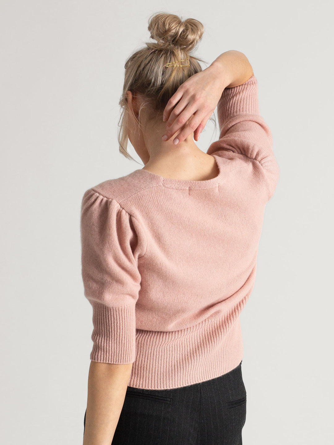 Cashmere cardigan puff sleeves, short sleeves, 100% pure cashmere, Scandinavian design, color: rose glow