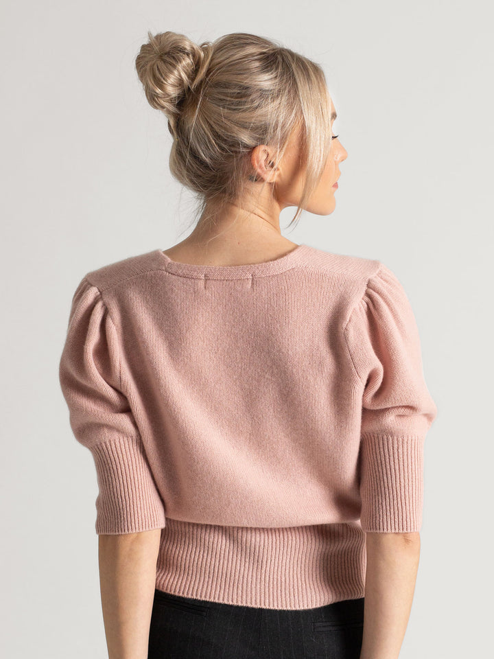 Cashmere cardigan puff sleeves, short sleeves, 100% pure cashmere, Scandinavian design, color: rose glow