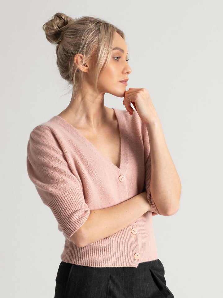 Cashmere cardigan puff sleeves, short sleeves, 100% pure cashmere, Scandinavian design, color: rose glow