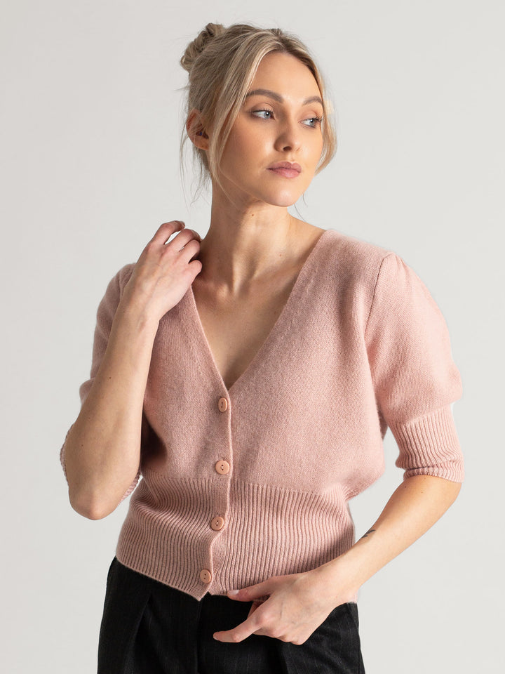 Cashmere cardigan puff sleeves, short sleeves, 100% pure cashmere, Scandinavian design, color: rose glow