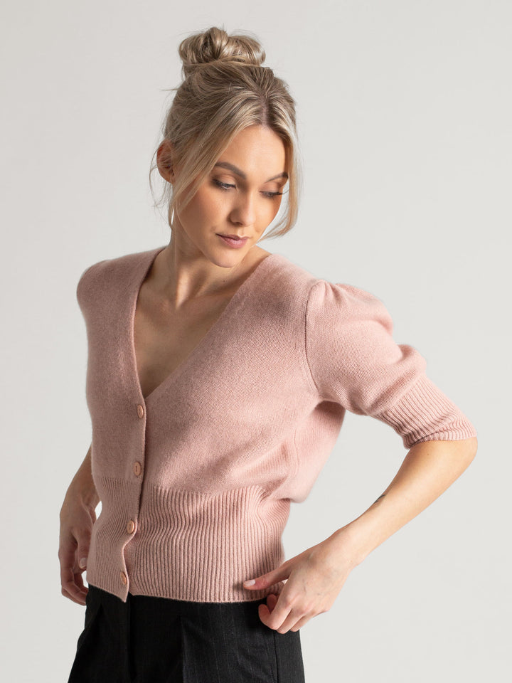 Cashmere cardigan puff sleeves, short sleeves, 100% pure cashmere, Scandinavian design, color: rose glow