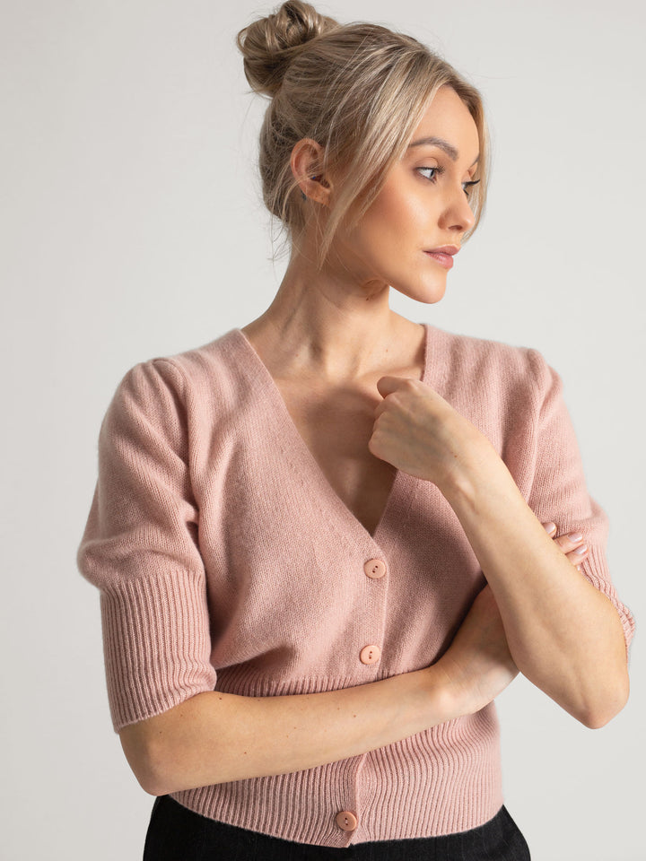 Cashmere cardigan puff sleeves, short sleeves, 100% pure cashmere, Scandinavian design, color: rose glow