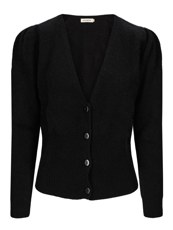 Cashmere cardigan puff sleeves, long sleeves, 100% pure cashmere, black