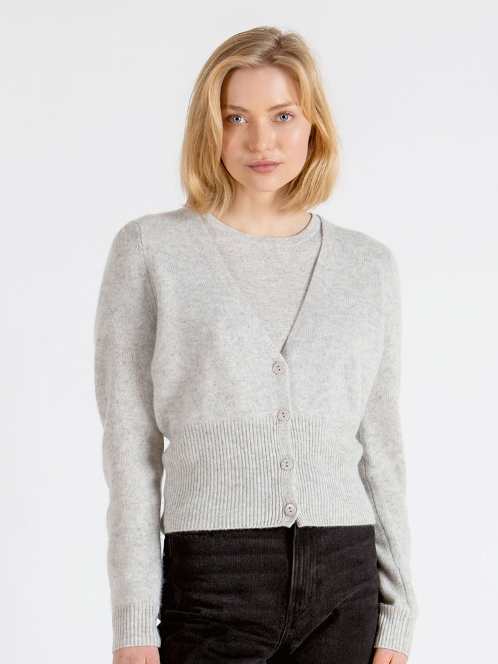 Cashmere cardigan puff sleeves, long sleeves, 100% pure cashmere, grey