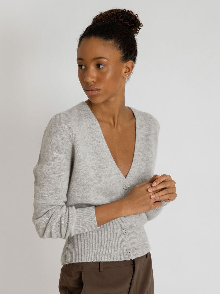 Cashmere cardigan puff sleeves, long sleeves, 100% pure cashmere, Scandinavian design, color: light grey