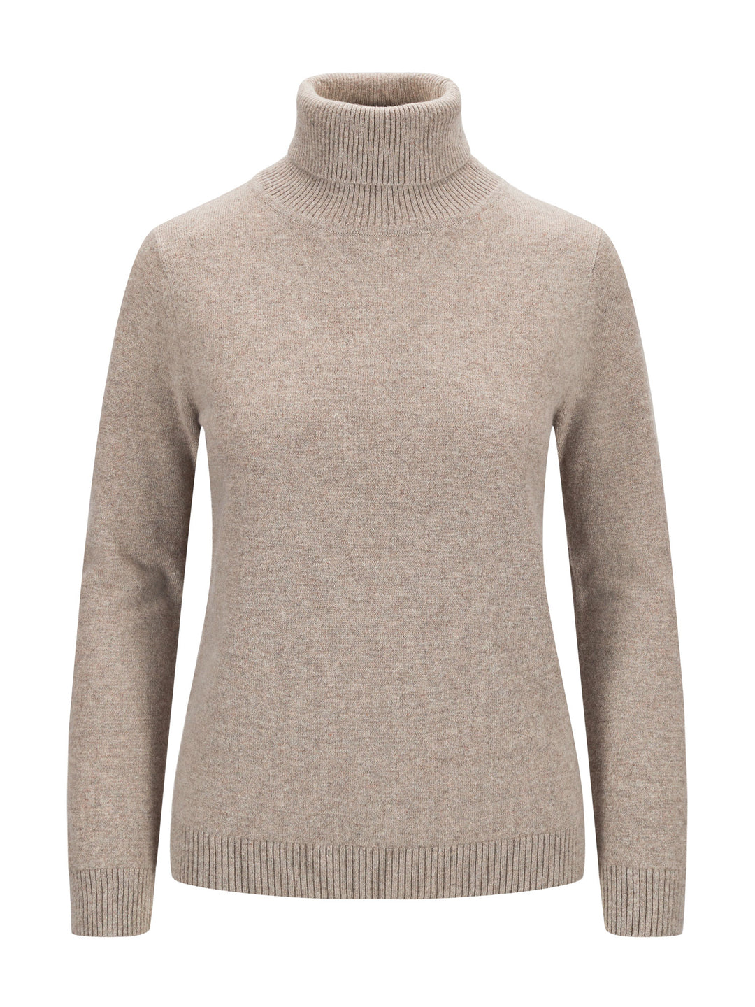 Turtleneck cashmere sweater, toast (light brown) color. 100% pure cashmere. Scandinavian design by KASHMINA of Norway.