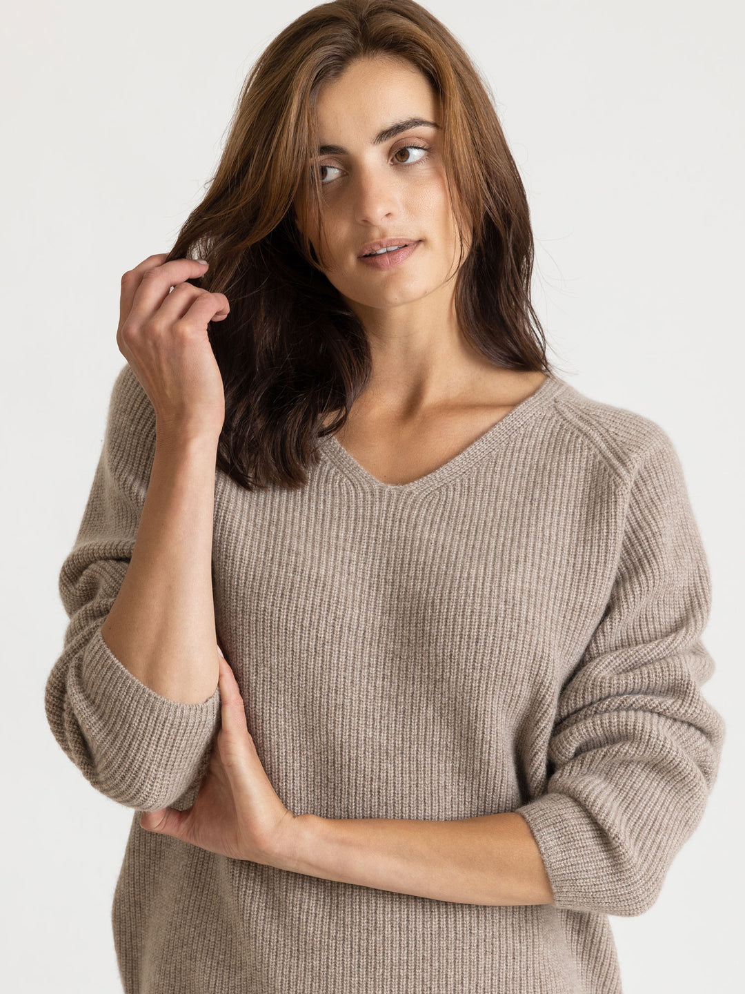 Cashmere sweater, long sleeved, rib knit, 100% pure cashmere, non itching, supersoft, warm, toast, brown
